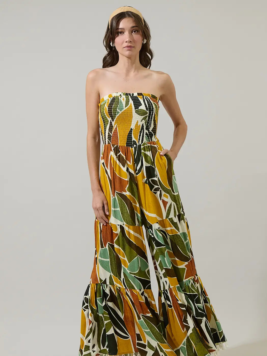 Renia Tropical Eve Strapless Smocked Jumpsuit
