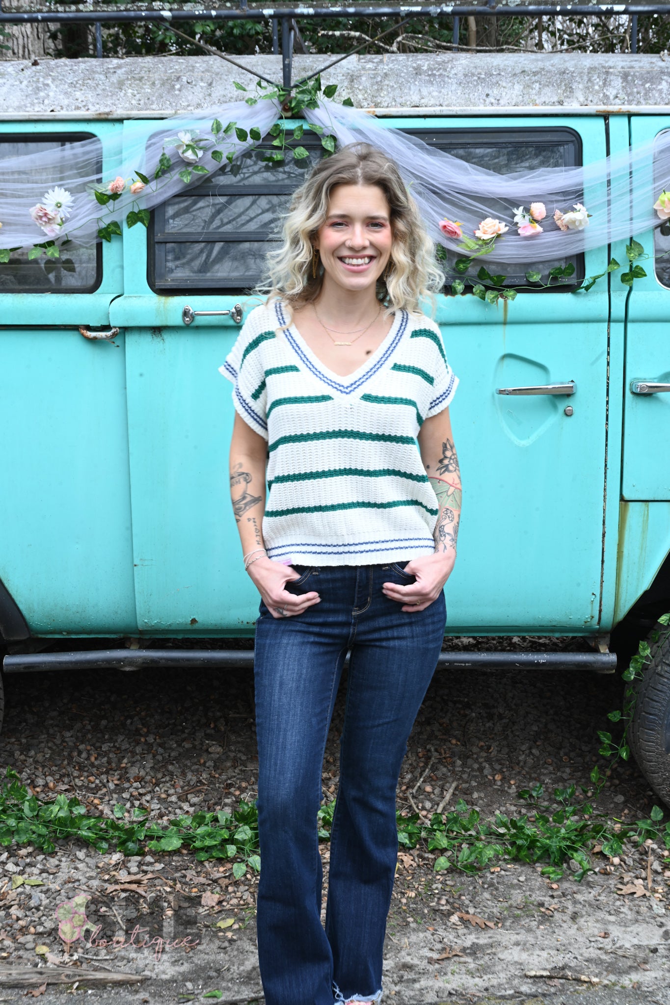 SS Green Stripe Sweater Top