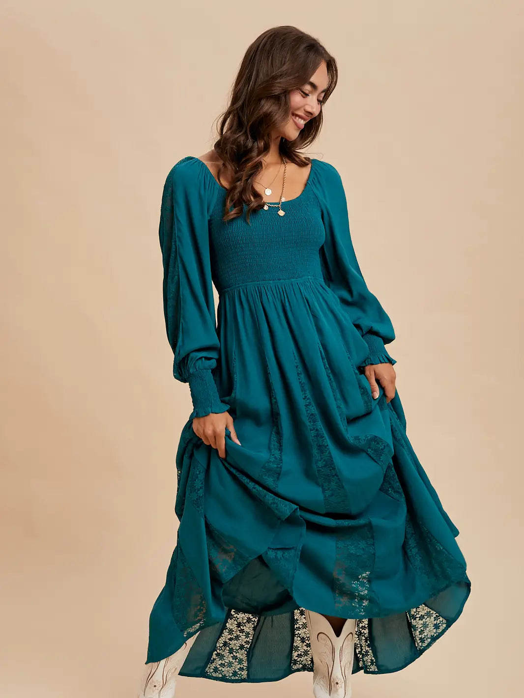 Deep Teal Lace Detail Maxi Dress