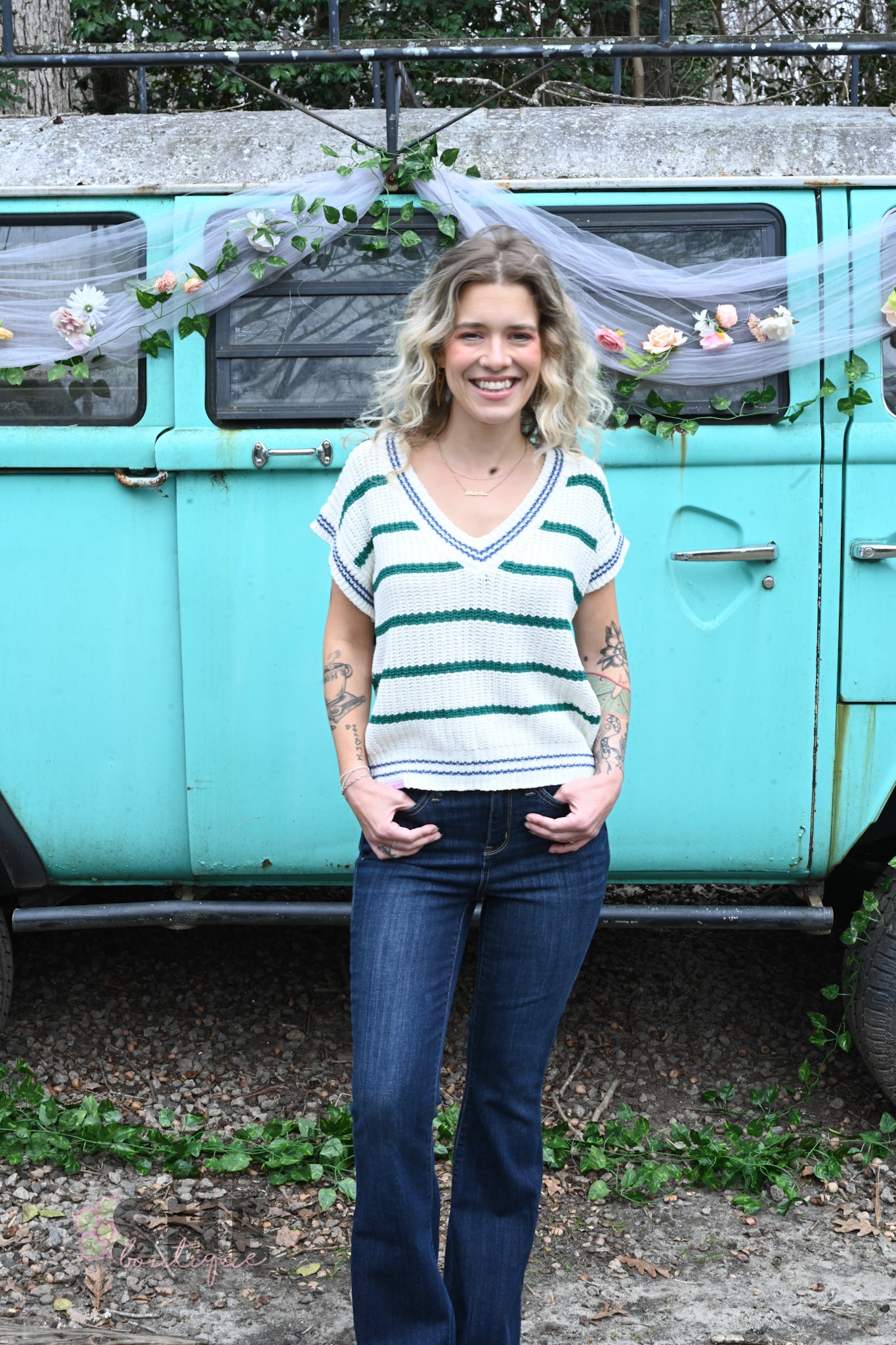 SS Green Stripe Sweater Top