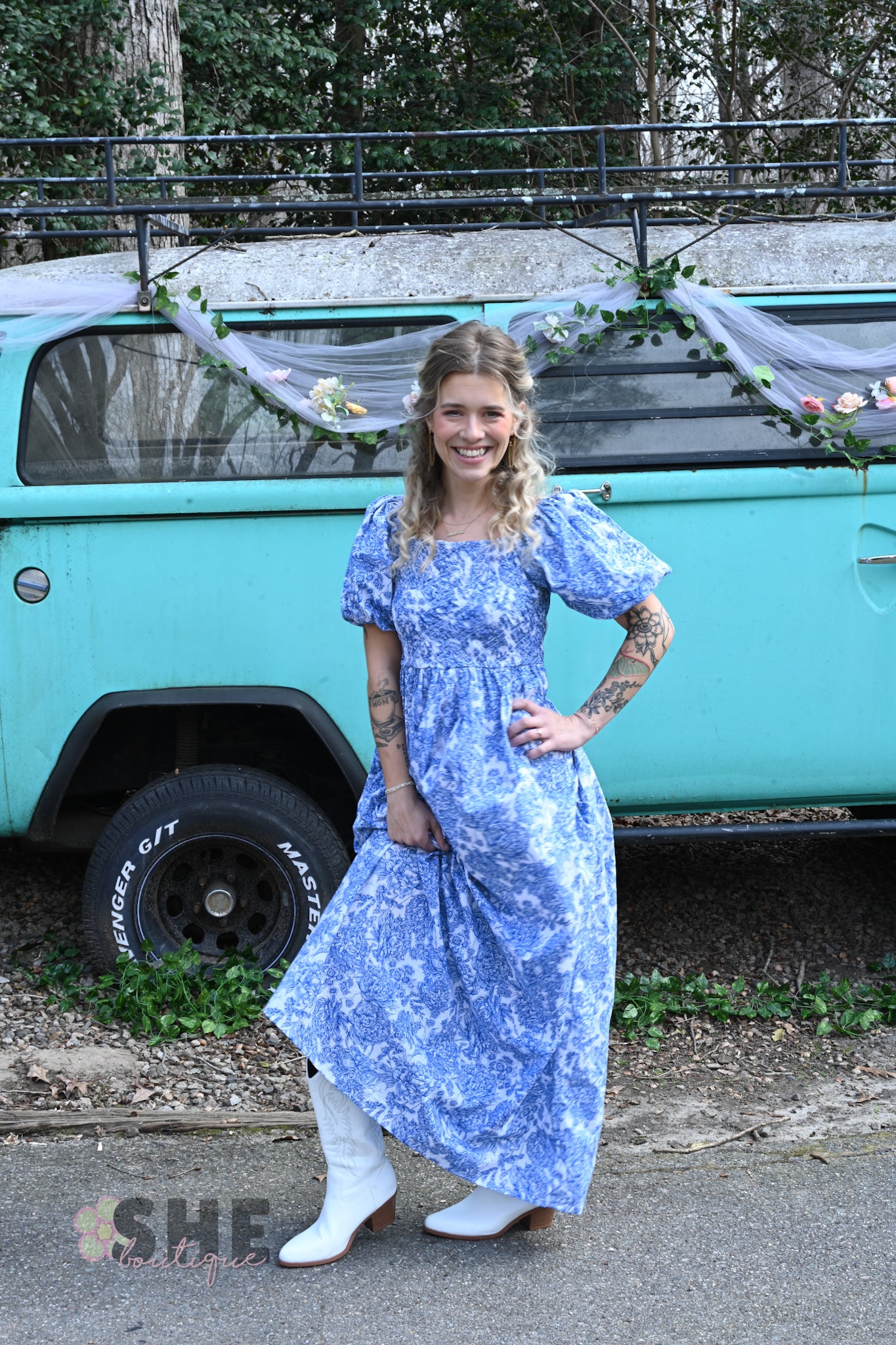 SS Blue Vintage Smocked Maxi Dress