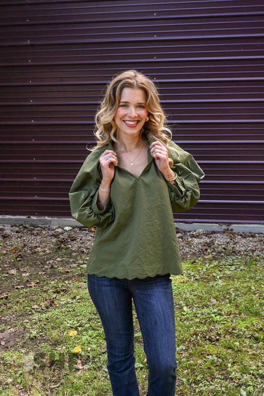 Tanner Bubble Sleeve Olive Top