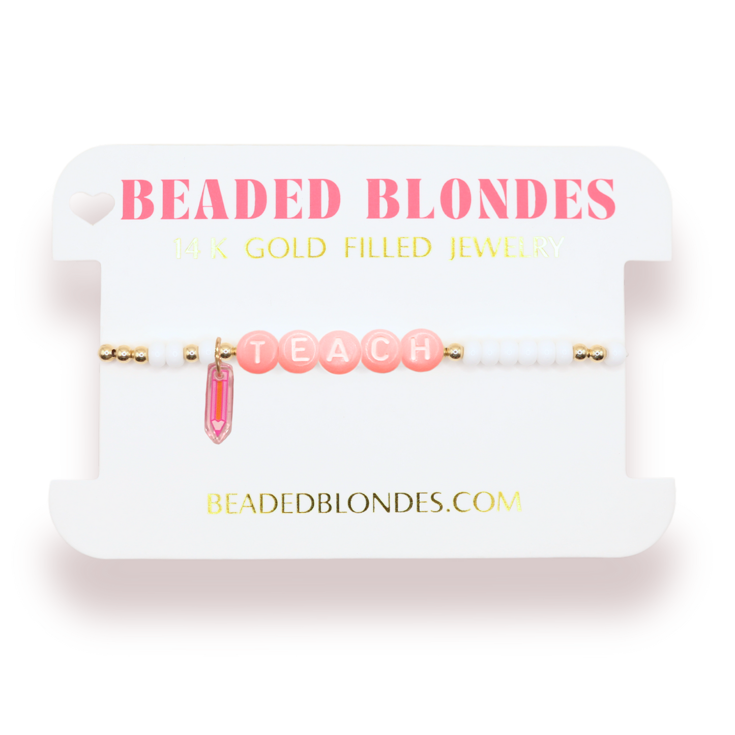 Pink Teach Pencil Charm Bracelet: Standard 6.75 inch / Gold