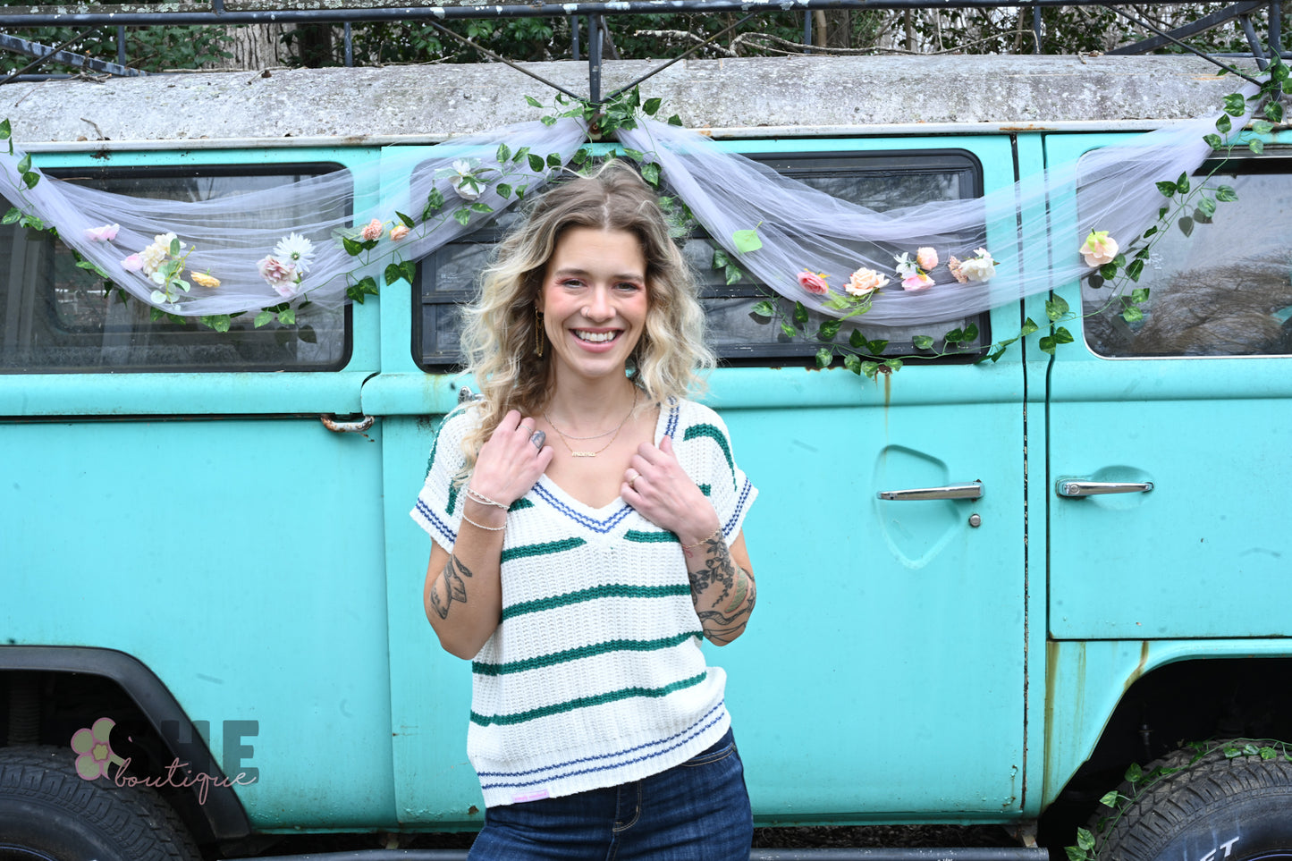 SS Green Stripe Sweater Top