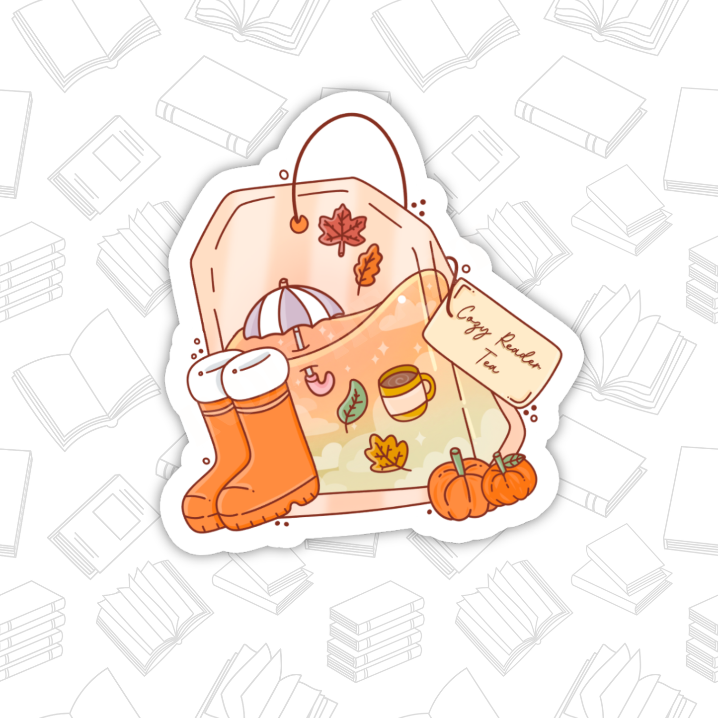 Cozy Reader Autumn Tea Sticker – Bookish Fall, Glossy Vinyl: 2.5"