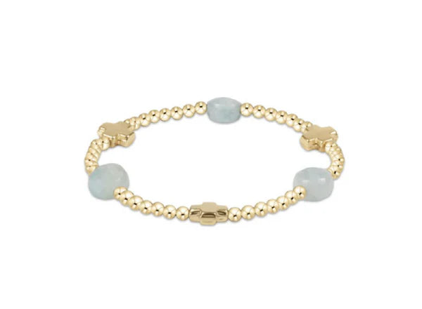 SIGNATURE CROSS ADMIRE GOLD PATTERN 3MM BEAD BRACELET - AQUAMARINE