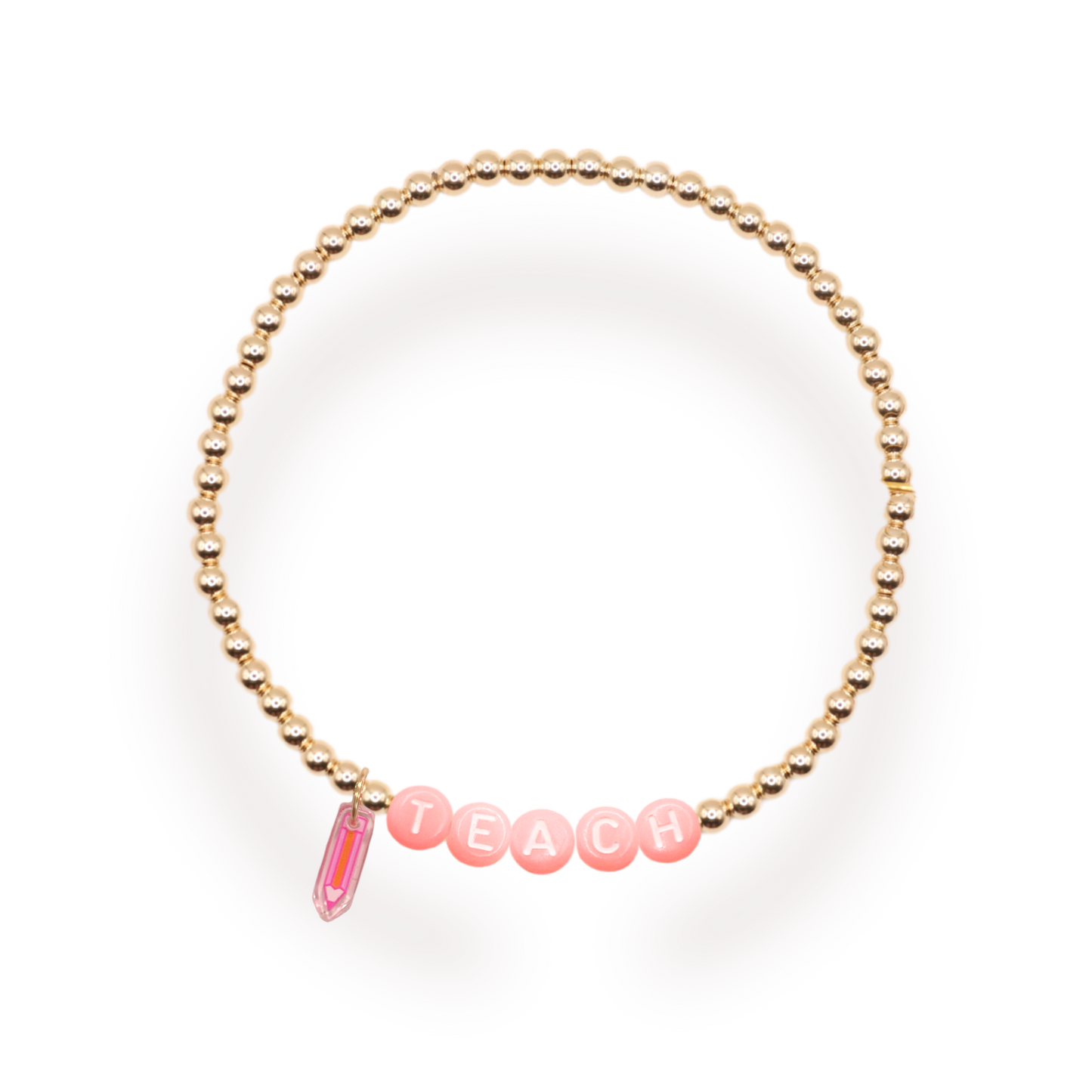 Pink Teach Pencil Charm Bracelet: Standard 6.75 inch / Gold