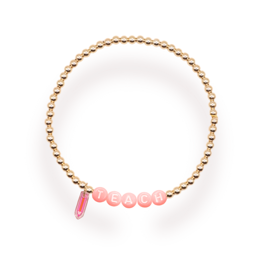 Pink Teach Pencil Charm Bracelet: Standard 6.75 inch / Gold