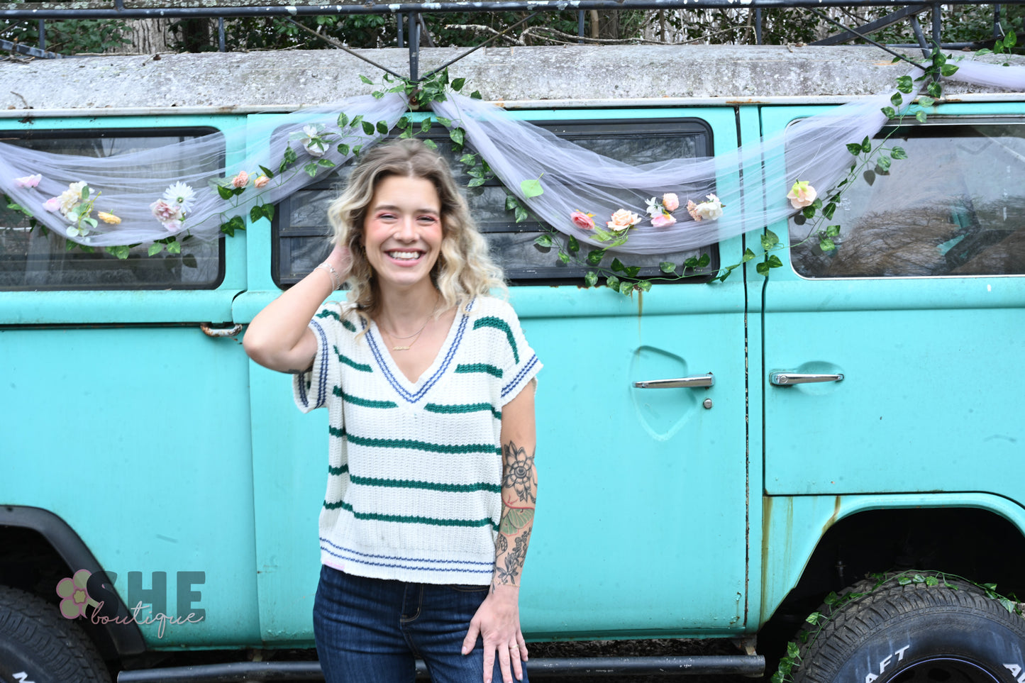 SS Green Stripe Sweater Top