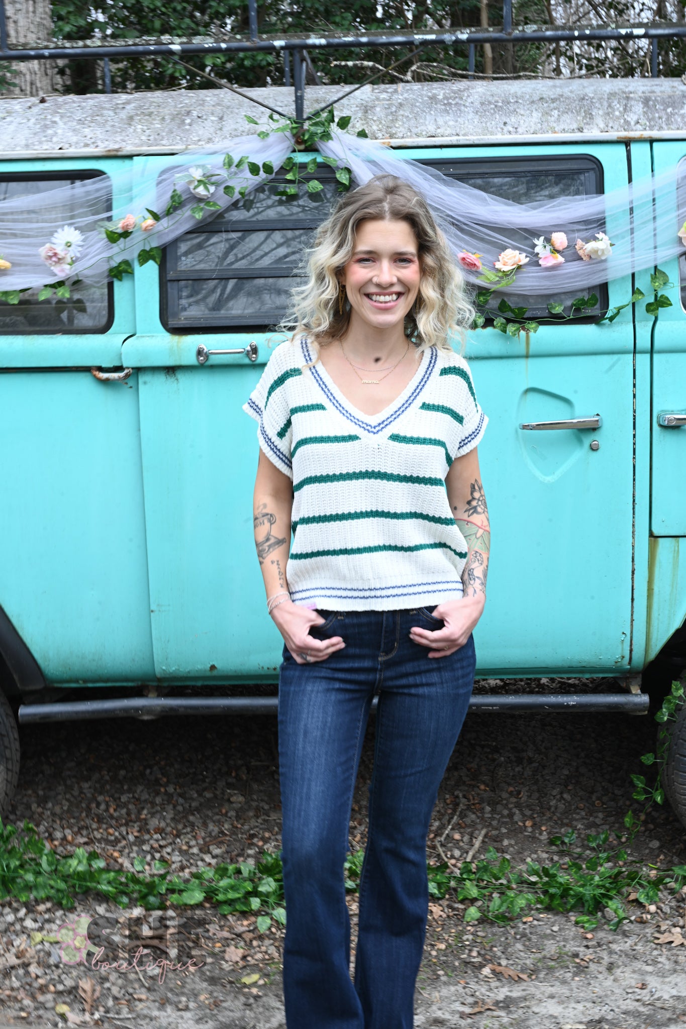 SS Green Stripe Sweater Top