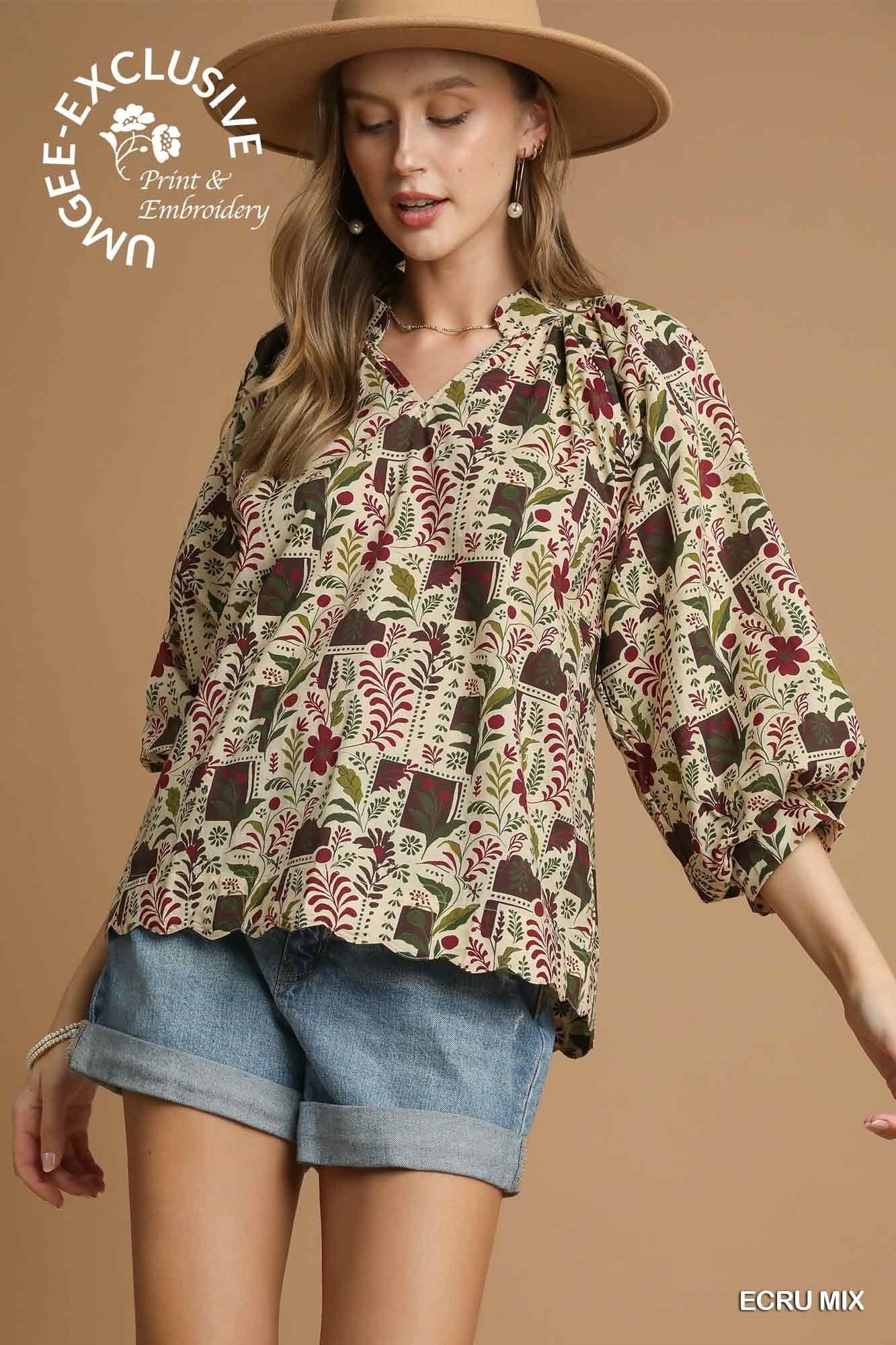 Barley Floral Scallop Hem Top