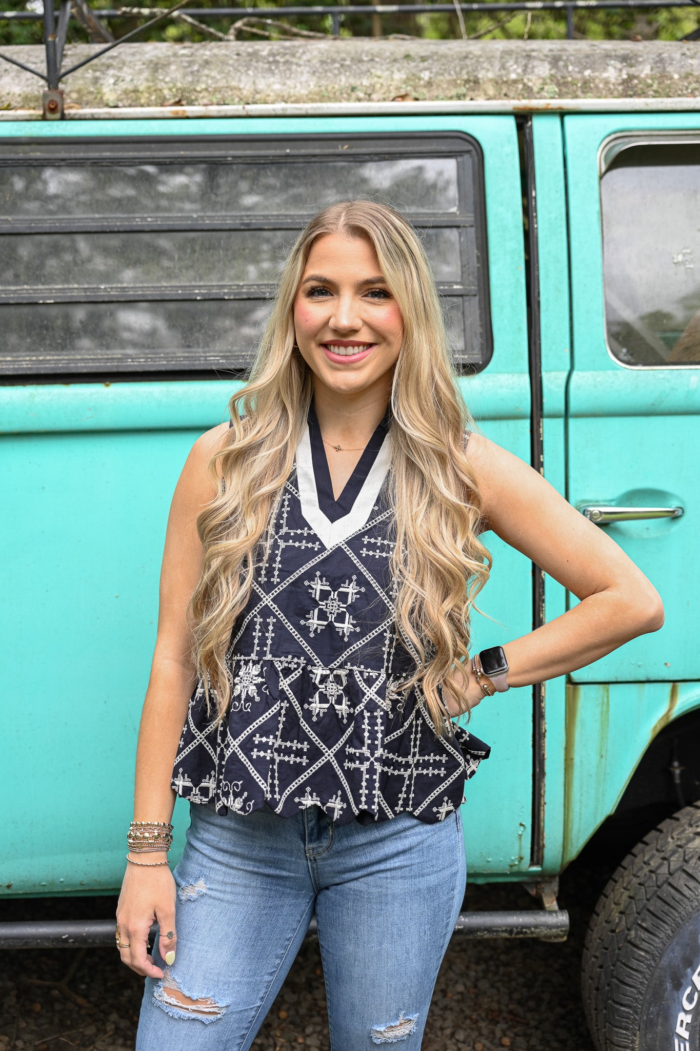 Up To Fate Embroidered Navy Top