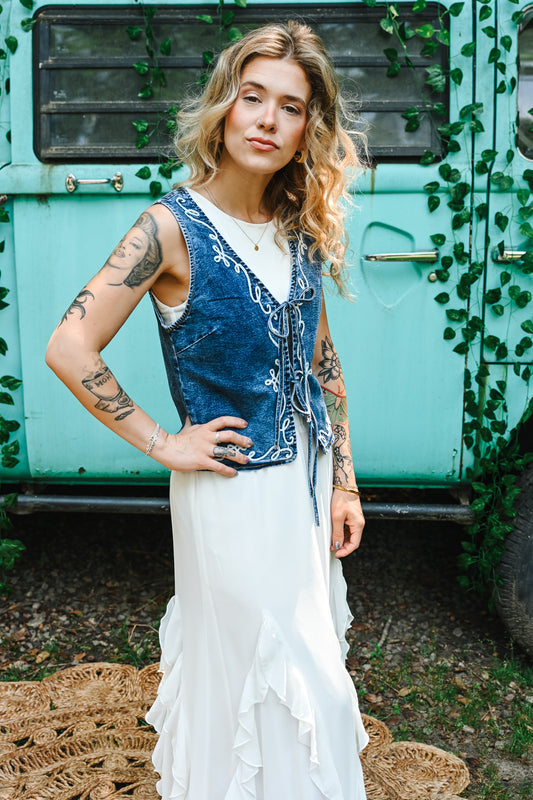 White Embroidered Denim Vest With Front Tie