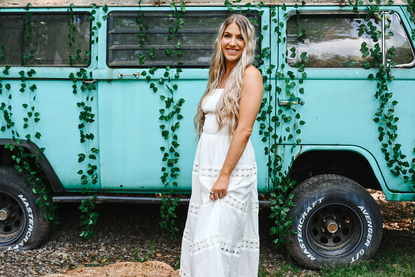 White Eyelet Midi Tube Smocking Dress