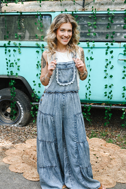 Lace Tiered Denim Jumpsuit
