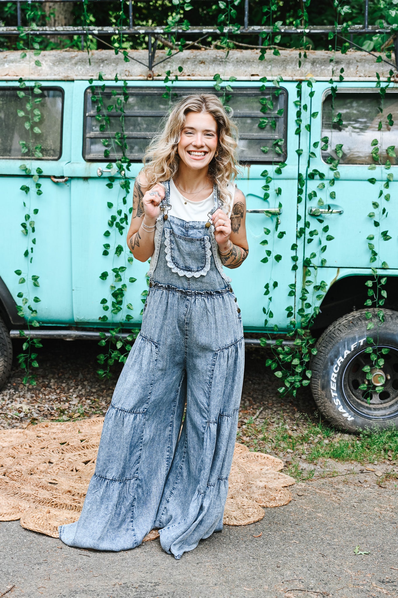 Lace Tiered Denim Jumpsuit
