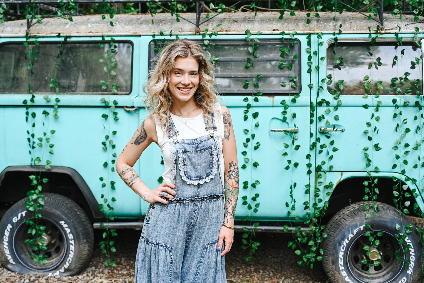 Lace Tiered Denim Jumpsuit
