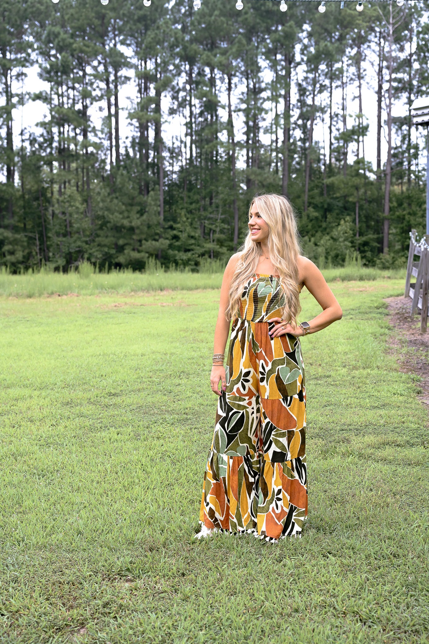 Renia Tropical Eve Strapless Smocked Jumpsuit