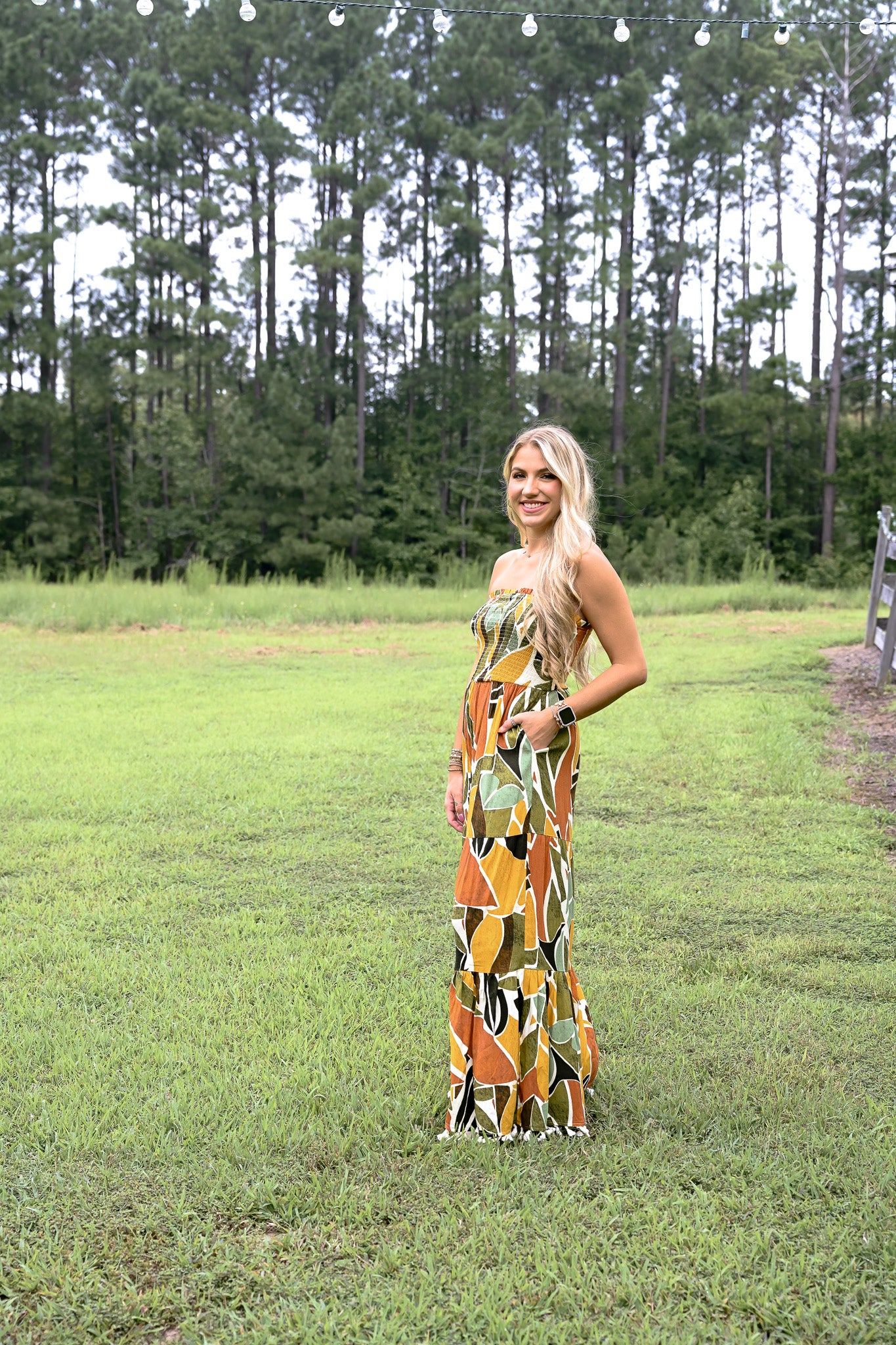 Renia Tropical Eve Strapless Smocked Jumpsuit