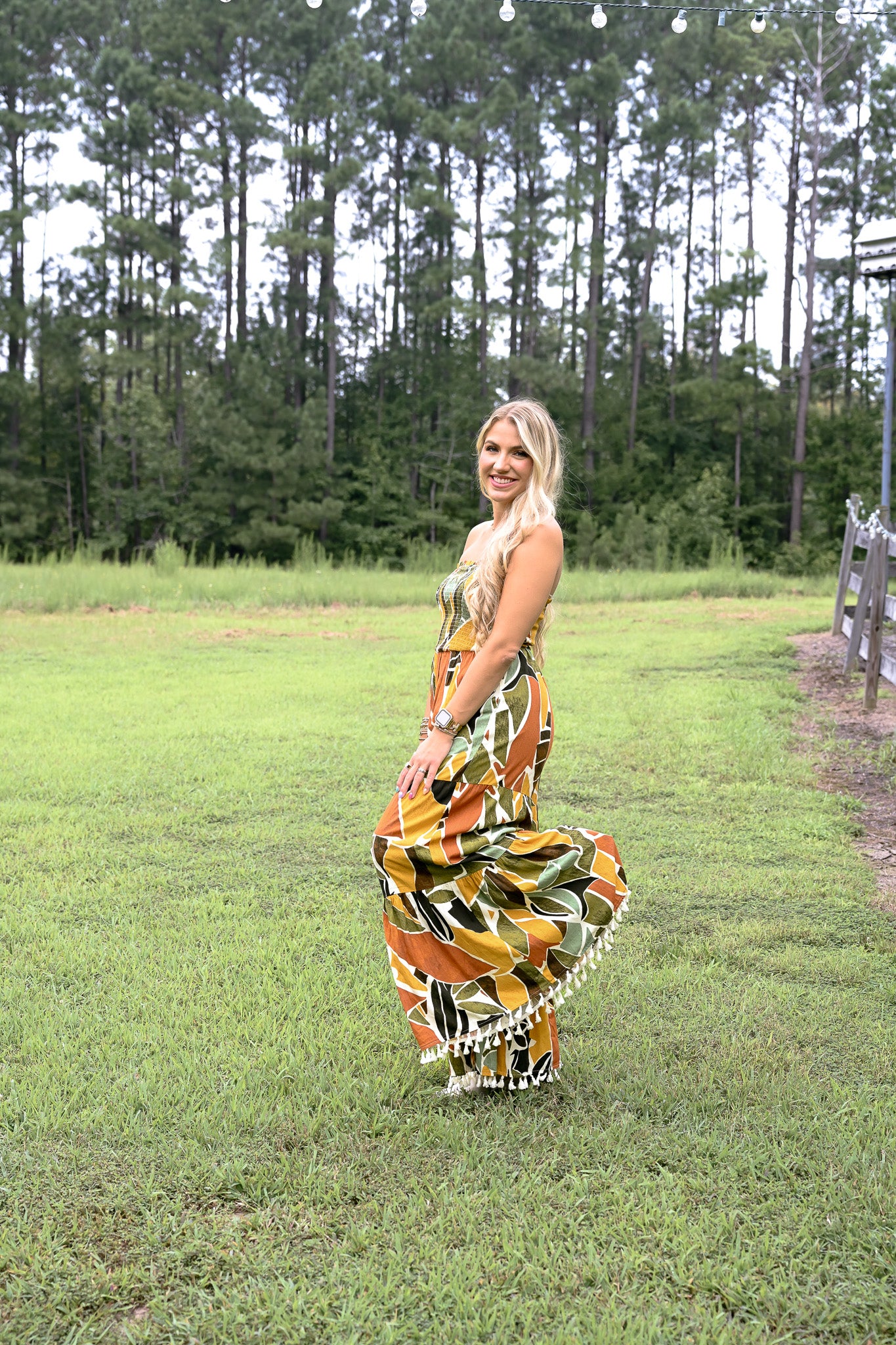 Renia Tropical Eve Strapless Smocked Jumpsuit