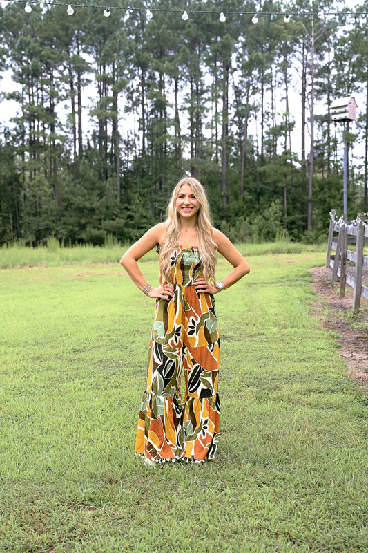 Renia Tropical Eve Strapless Smocked Jumpsuit