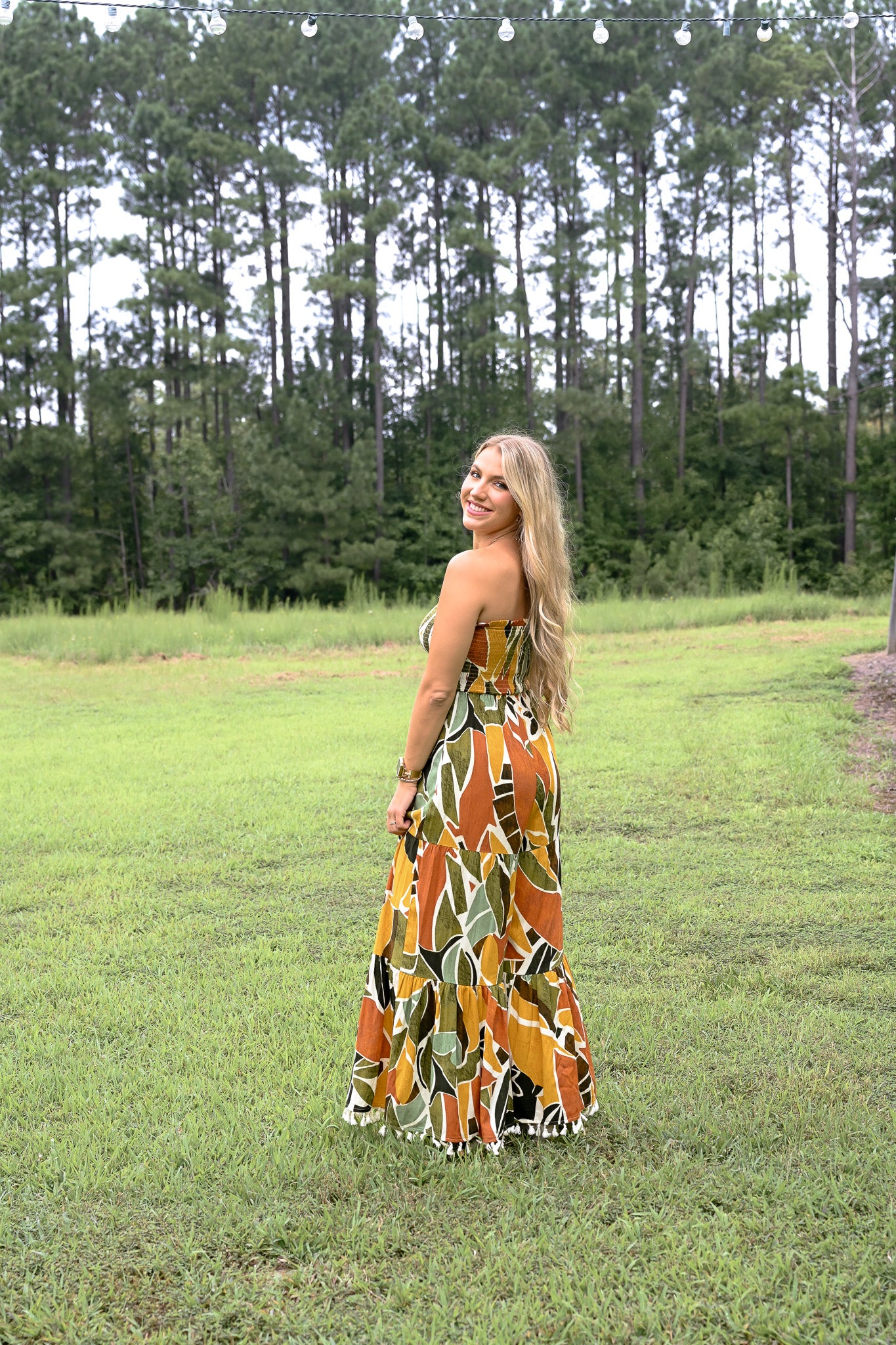 Renia Tropical Eve Strapless Smocked Jumpsuit