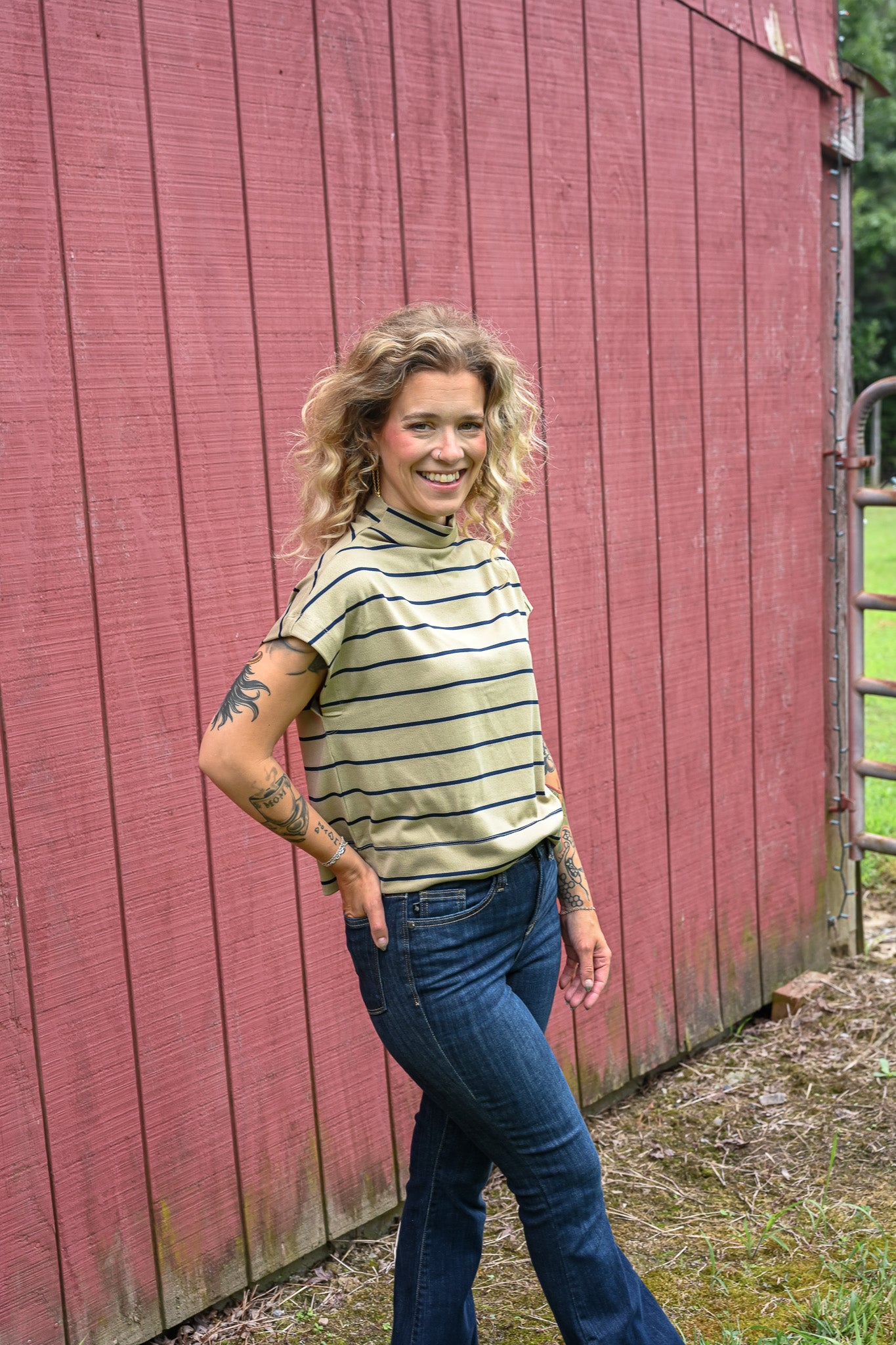 Taupe And Navy Stripes Mock Neck Top