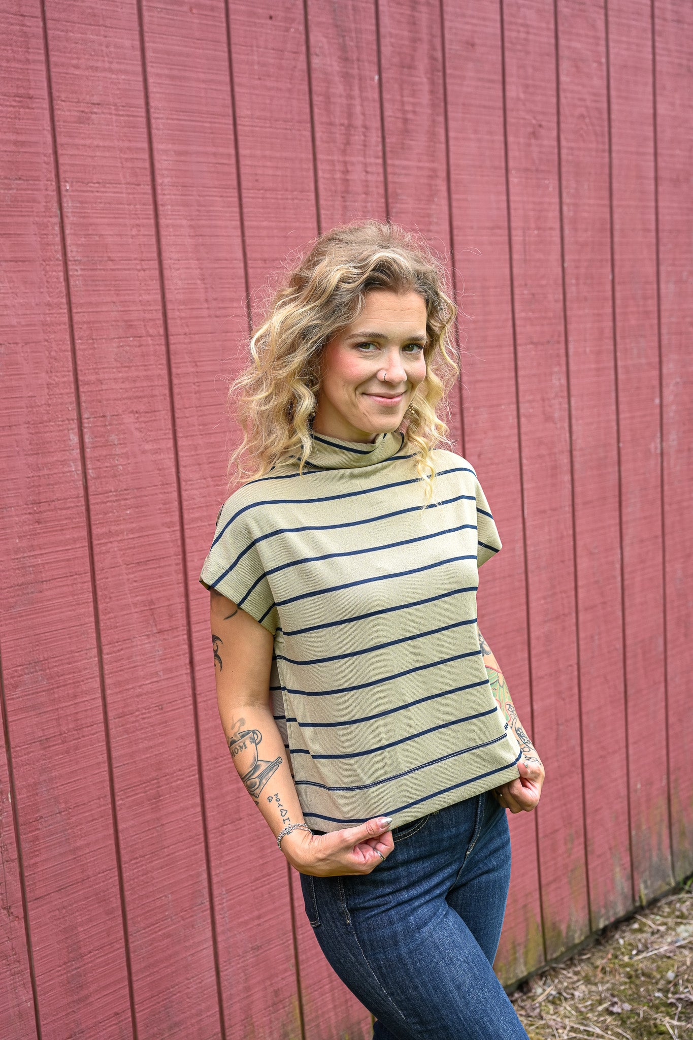 Taupe And Navy Stripes Mock Neck Top