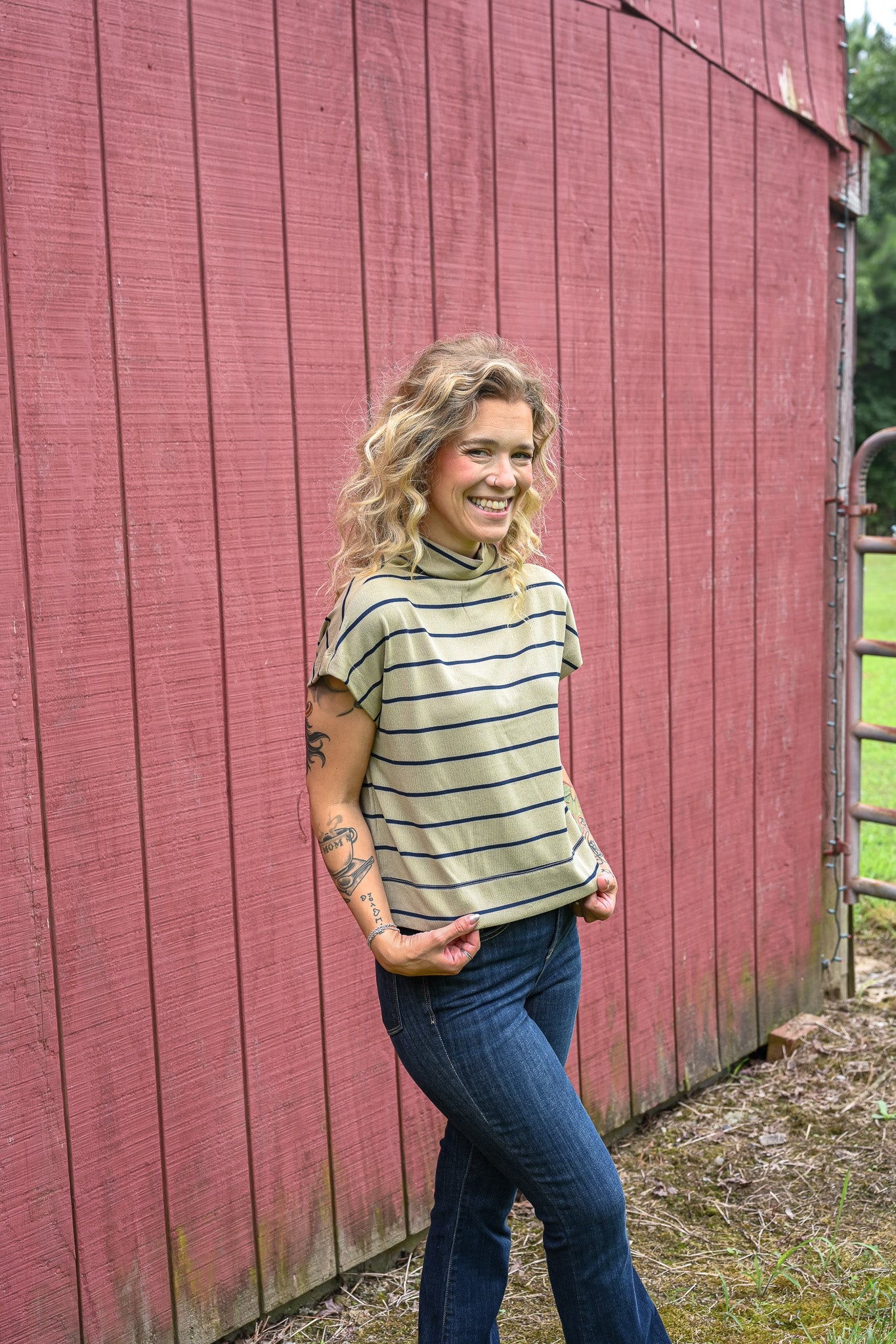 Taupe And Navy Stripes Mock Neck Top