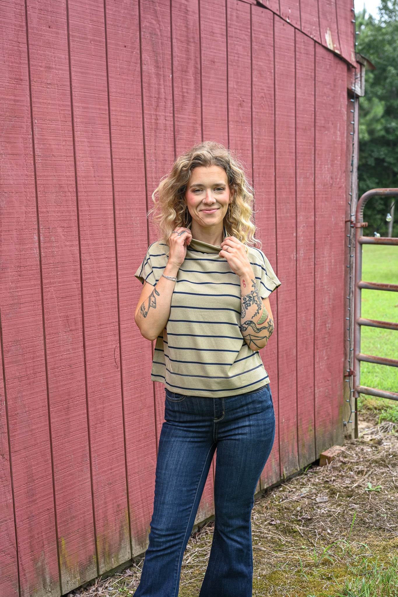 Taupe And Navy Stripes Mock Neck Top