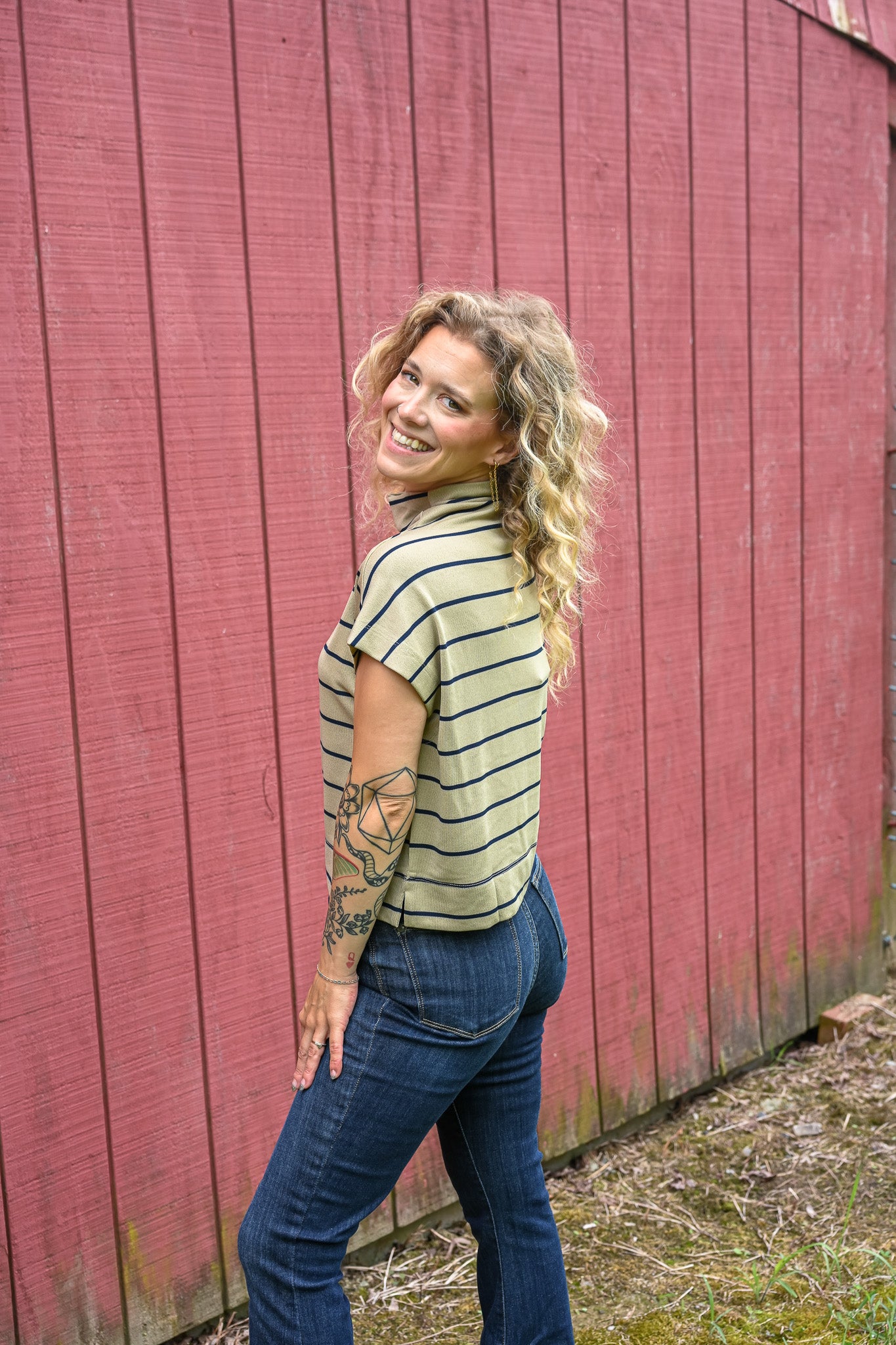 Taupe And Navy Stripes Mock Neck Top