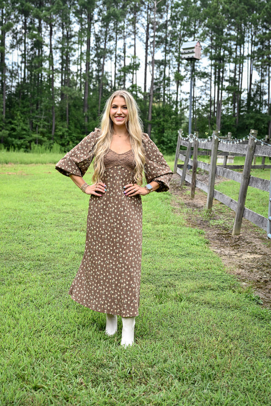 Brown Floral Lace Panel Maxi Dress