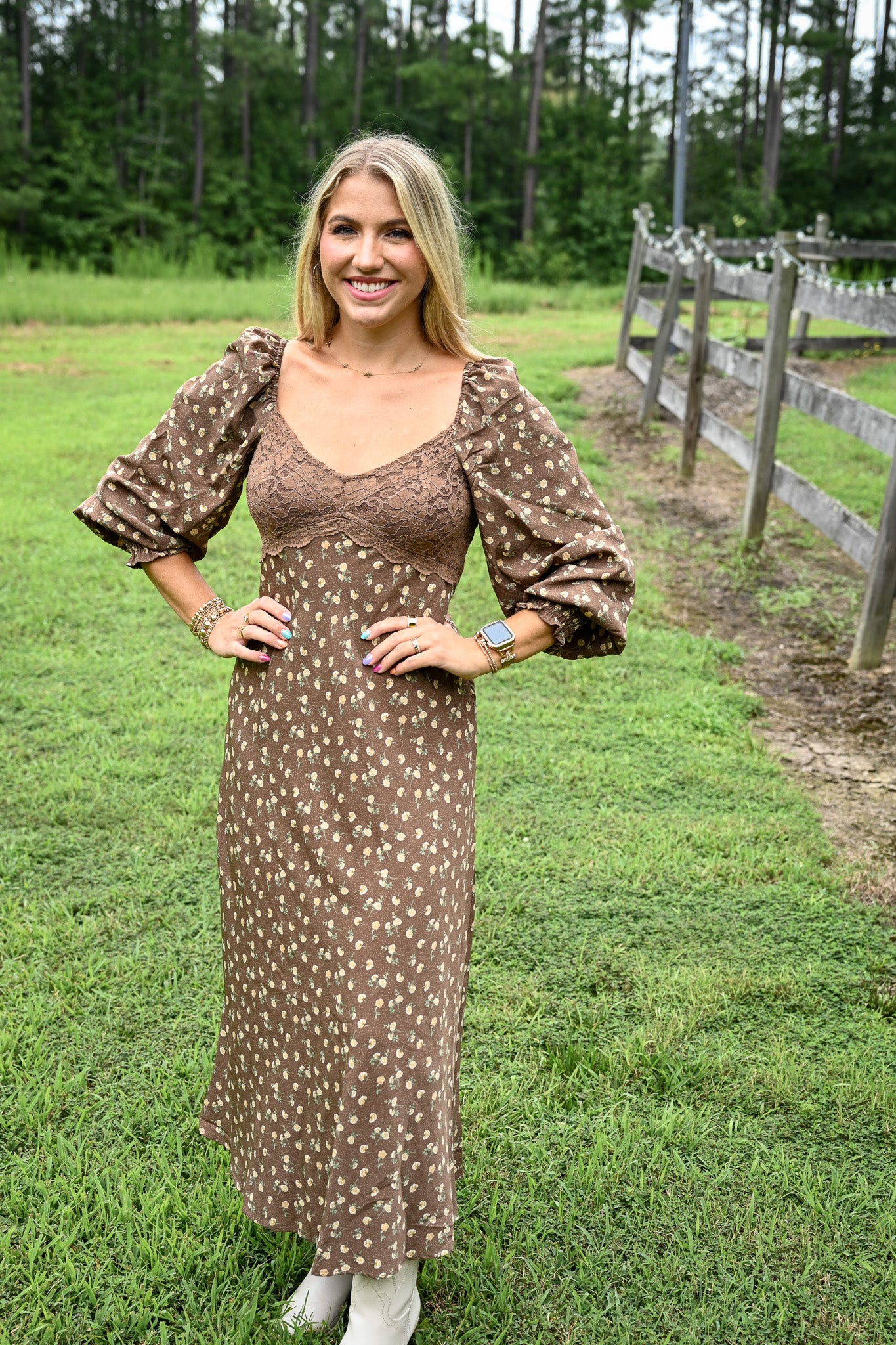 Brown Floral Lace Panel Maxi Dress
