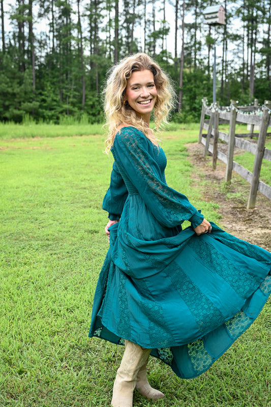 Deep Teal Lace Detail Maxi Dress