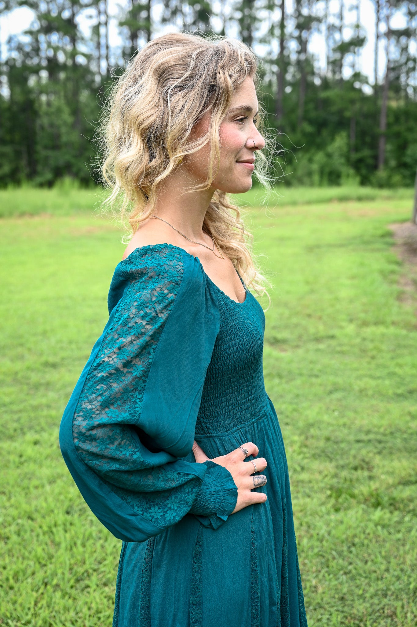 Deep Teal Lace Detail Maxi Dress