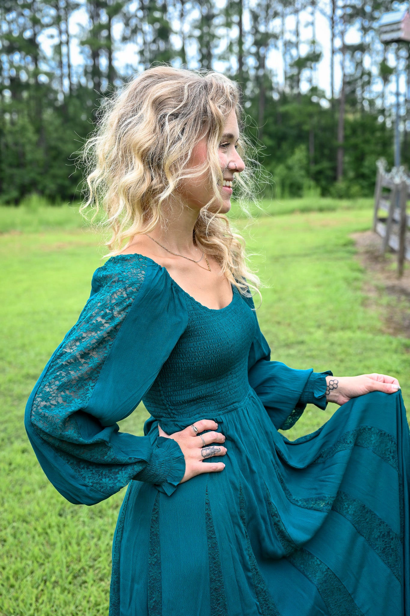 Deep Teal Lace Detail Maxi Dress