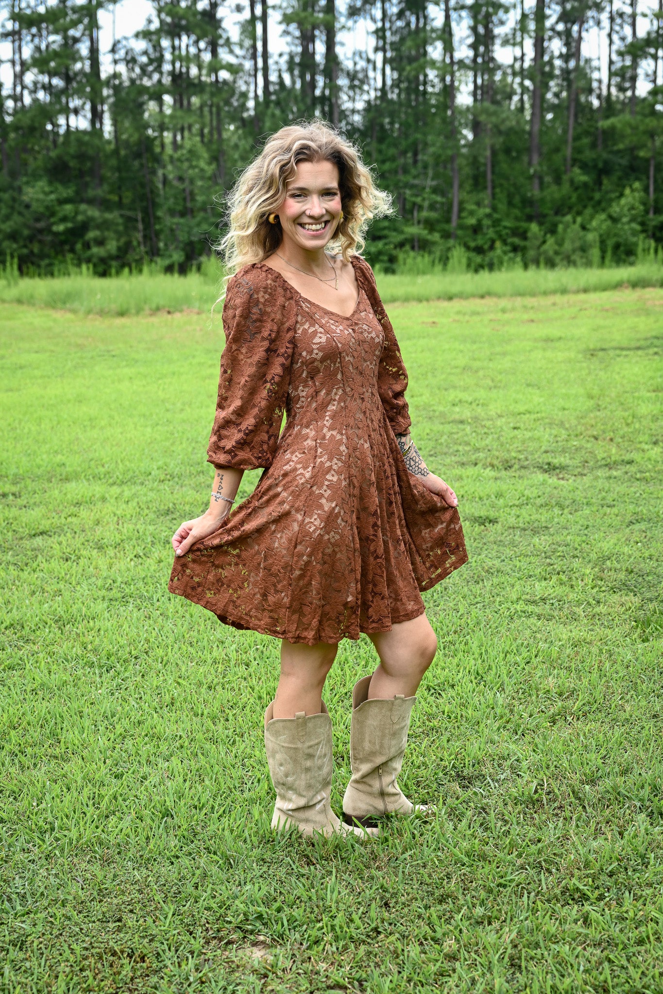 Copper Lace Fit And Flare Mini Dress