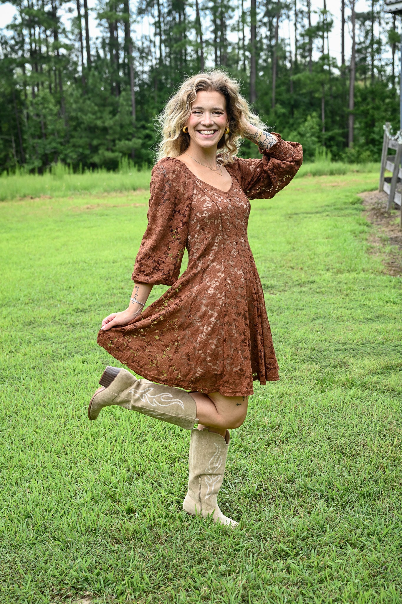 Copper Lace Fit And Flare Mini Dress
