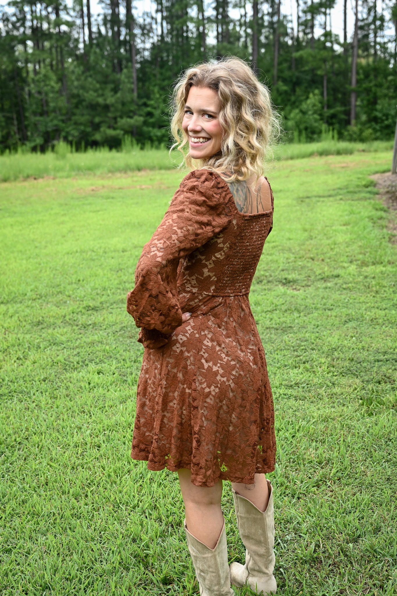 Copper Lace Fit And Flare Mini Dress