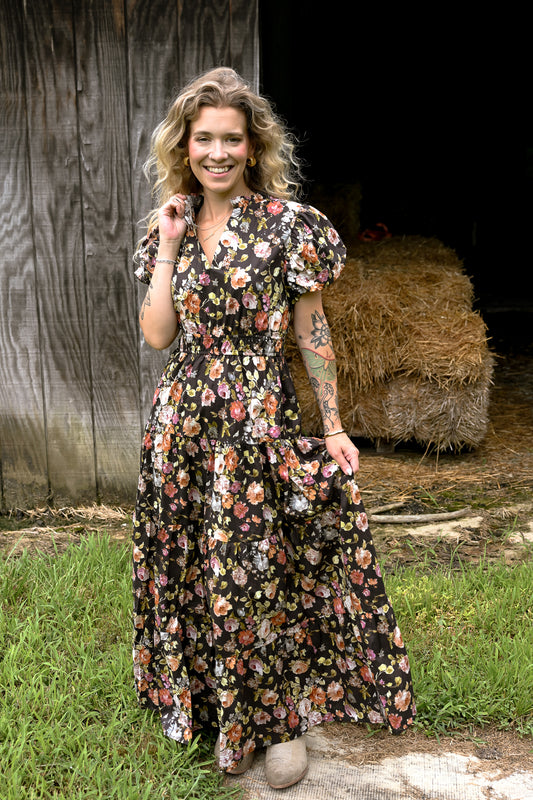 Floral Chocolate Tiered Maxi Dress