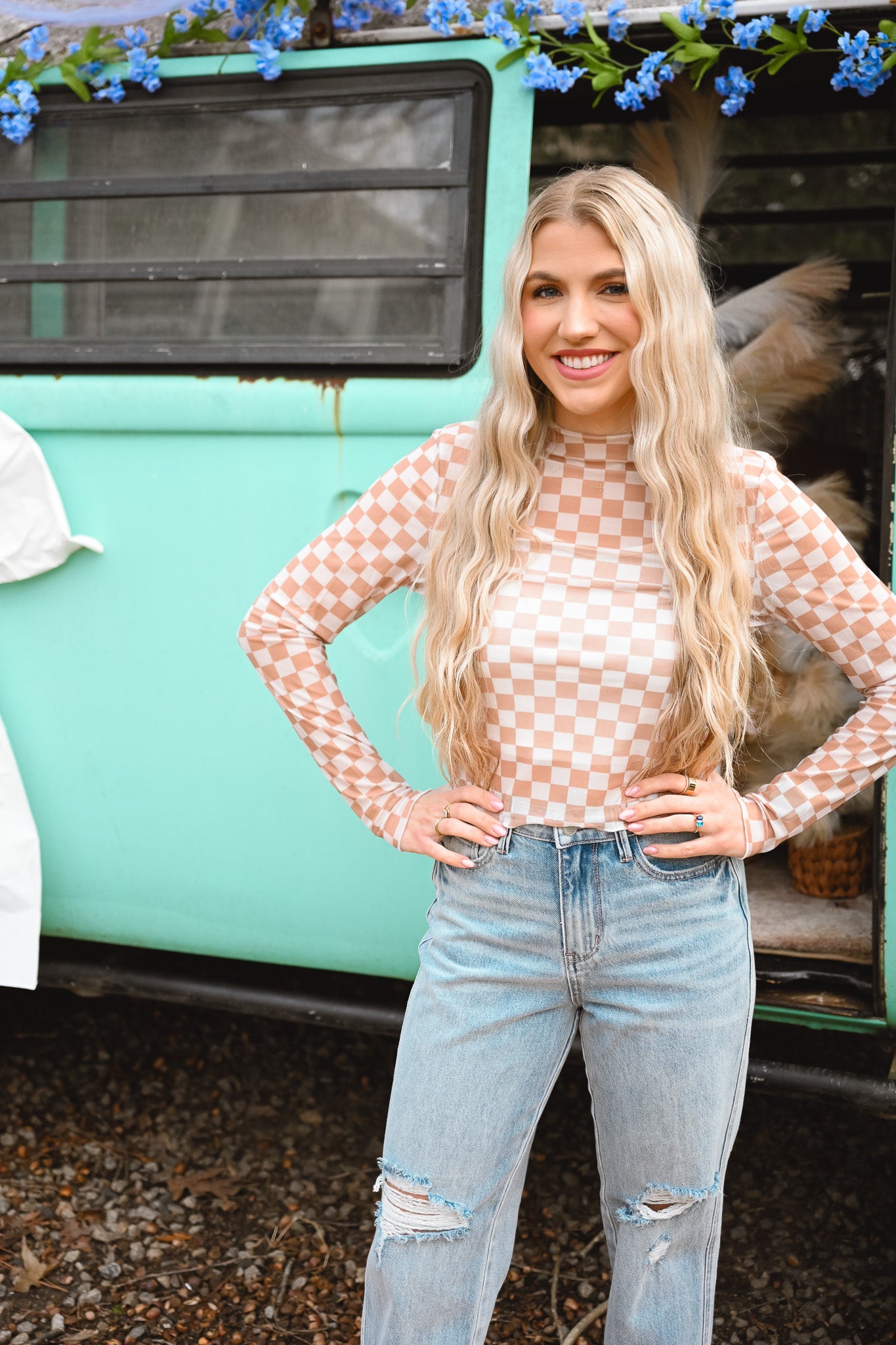Checkered Mesh Fitted Top -