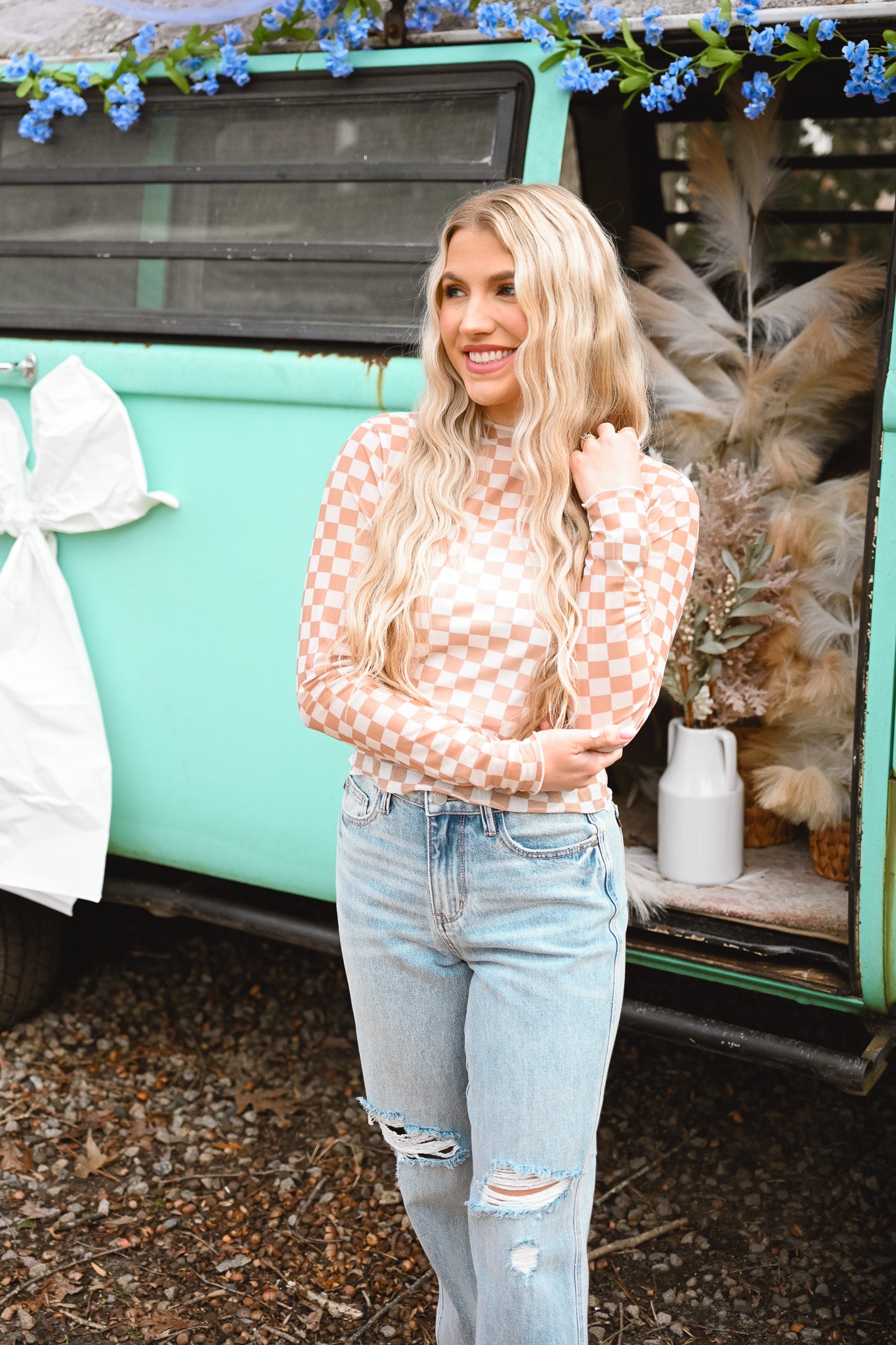 Checkered Mesh Fitted Top -
