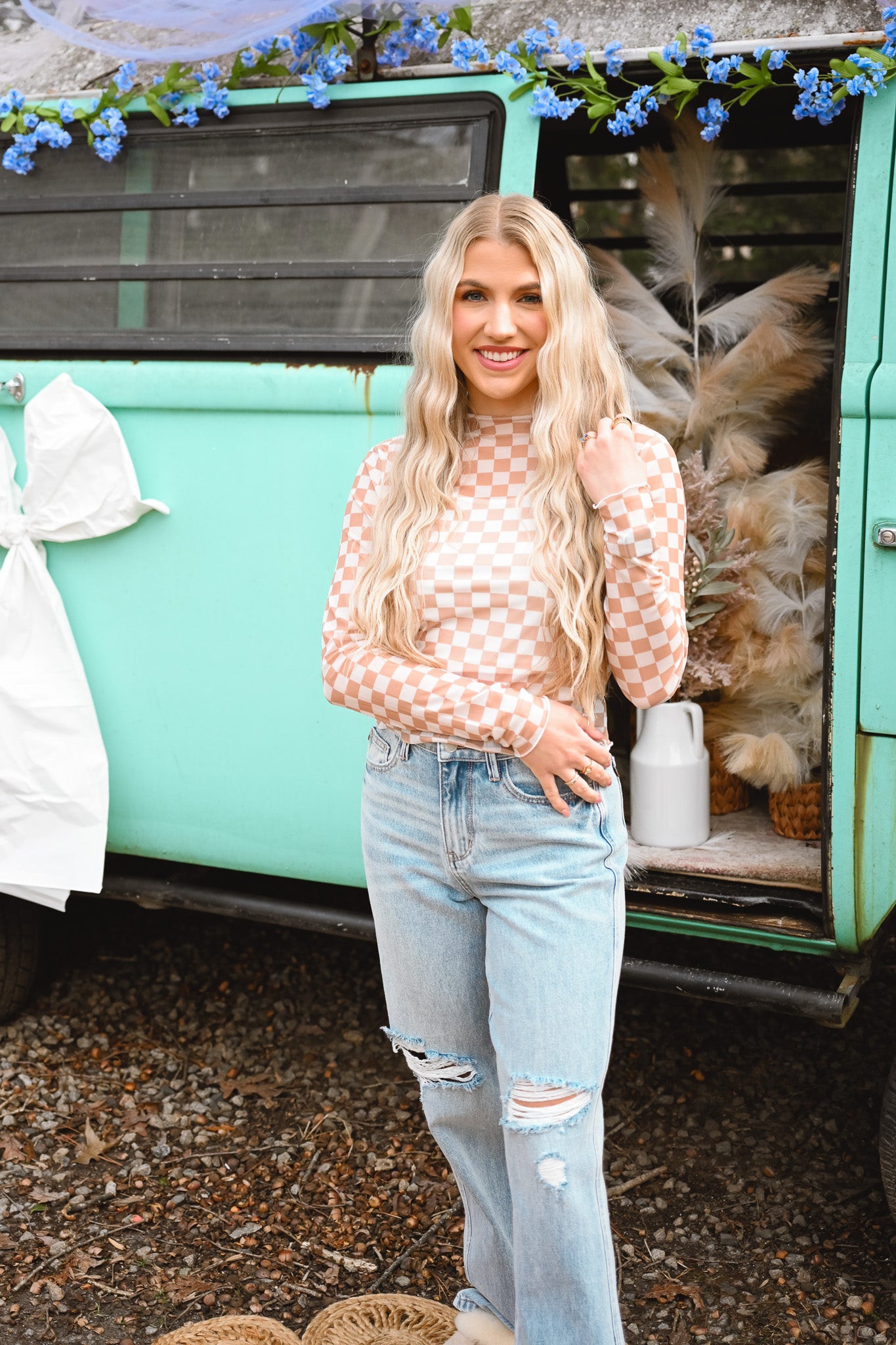Checkered Mesh Fitted Top -