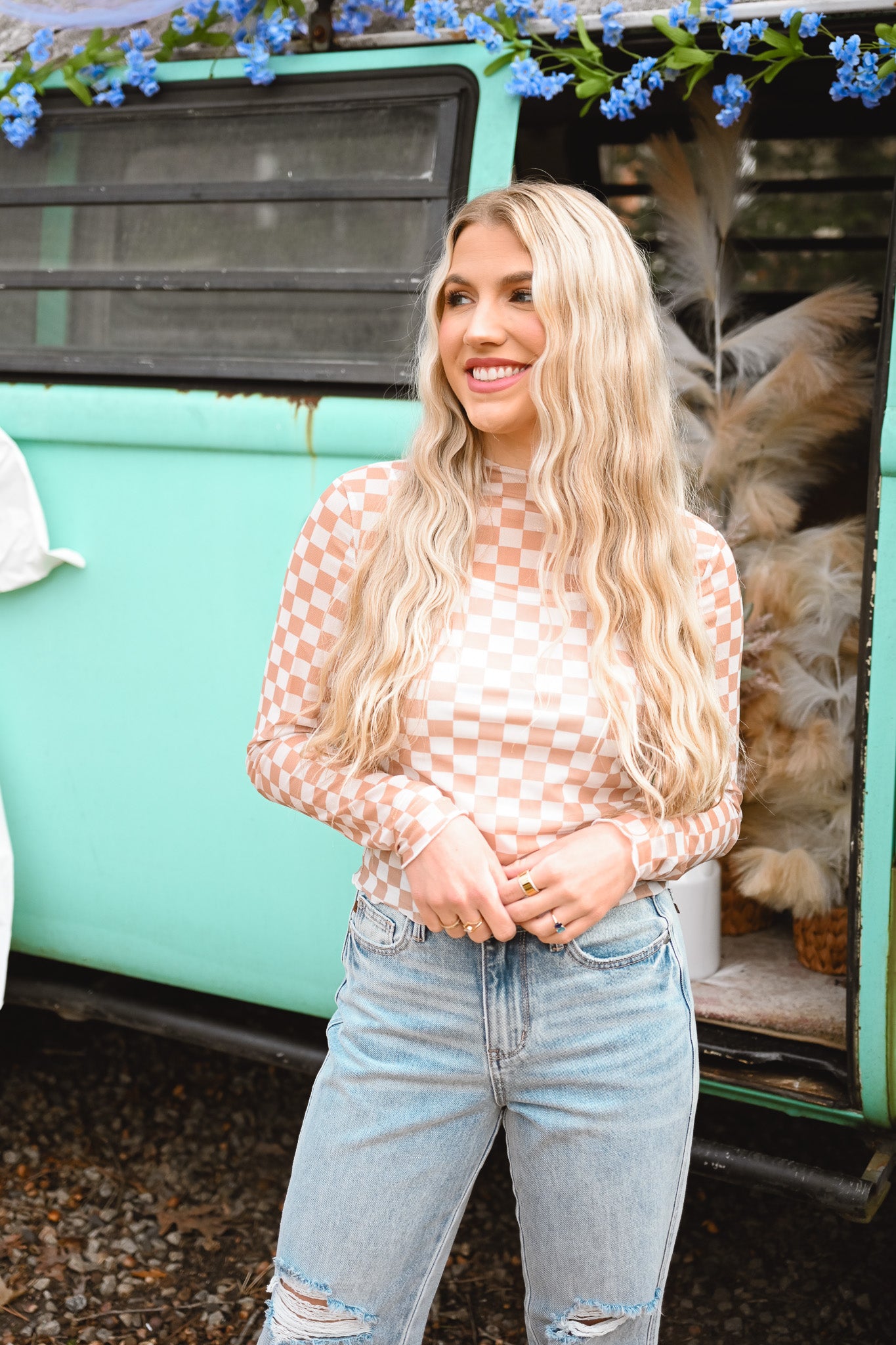 Checkered Mesh Fitted Top -