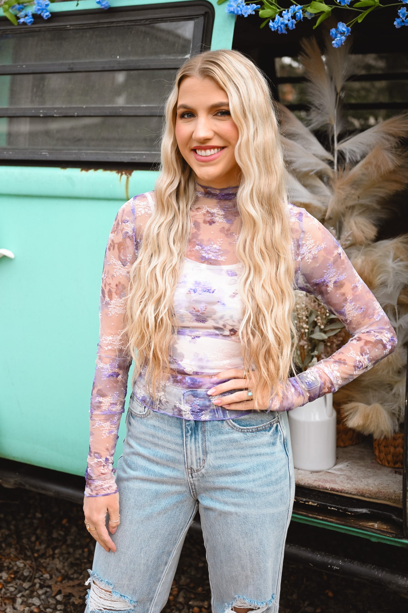 Checkered Mesh Fitted Top -