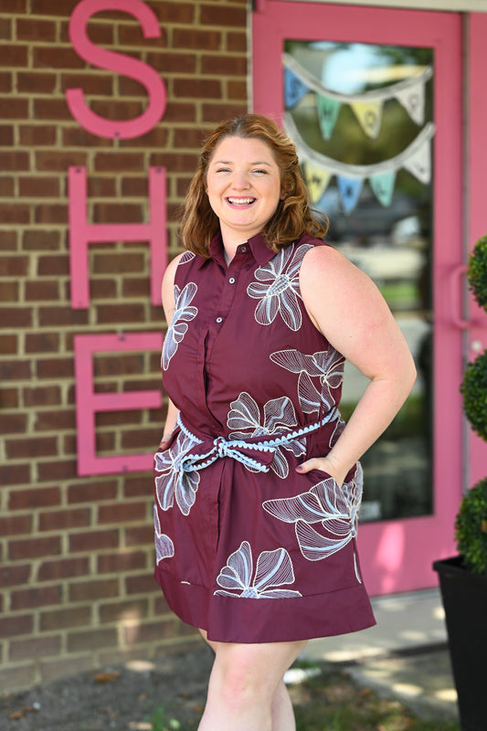Gloria Embroidered Wine Dress