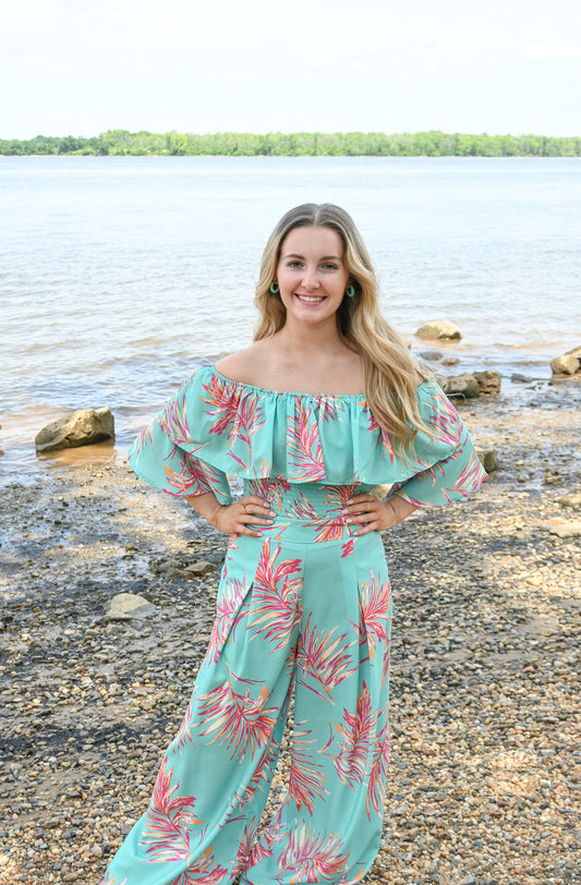 Turquoise Palms Wide Leg Trouser -