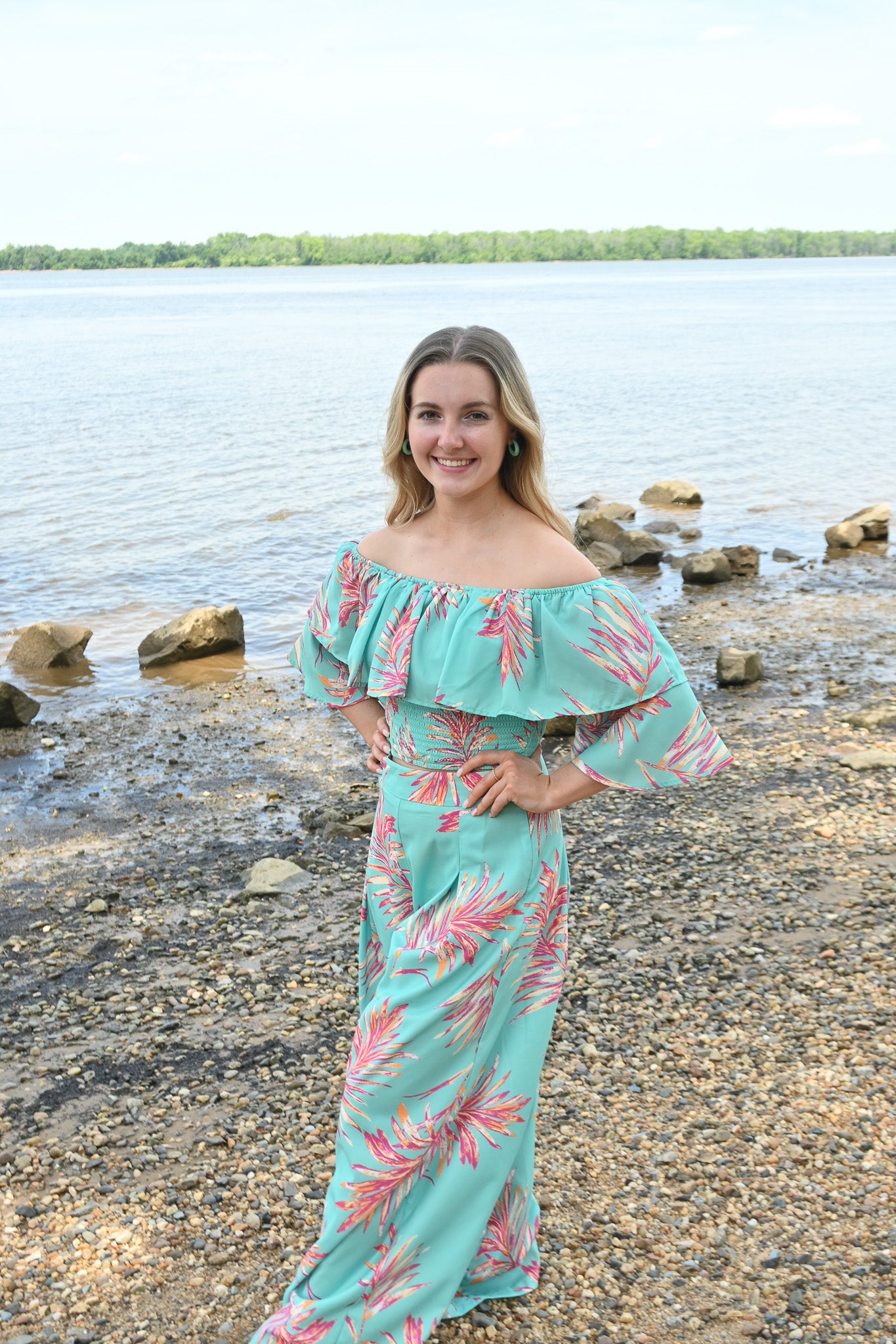 Turquoise Palms Wide Leg Trouser -