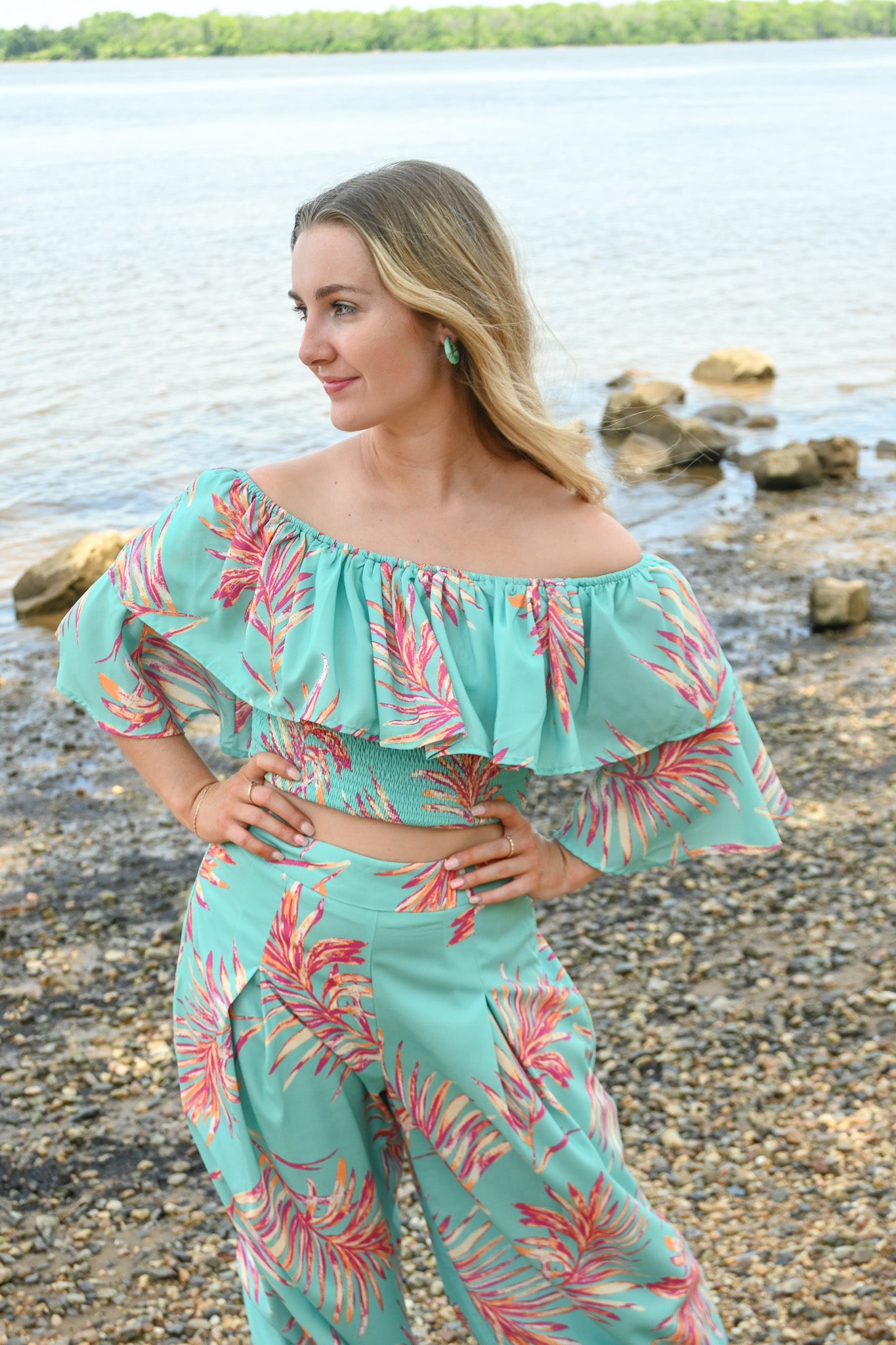 Turquoise Palms Wide Leg Trouser -