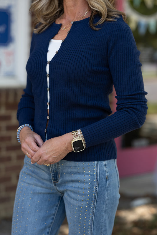 Ribbed Button Front Cardigan: Navy